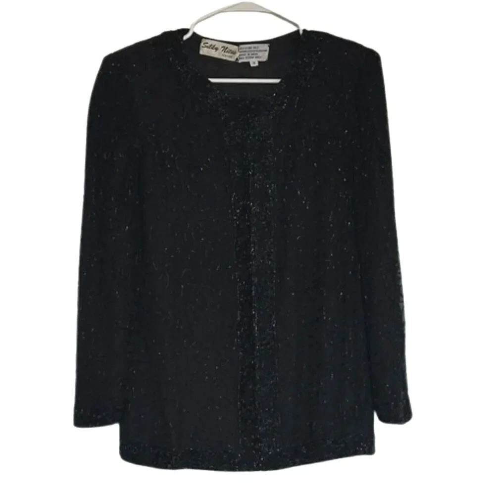 Vintage Silky Nites NY Beaded Pure Silk Blouse Jacket Small Formal Cocktail 90s
